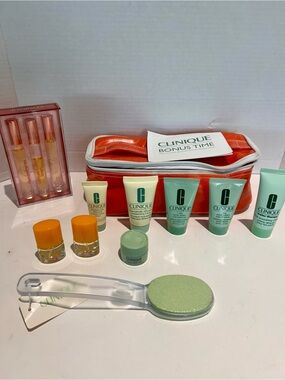 Clinique Mini Skincare Set with Orange Zip Pouch Scrub Eye Cream Moisturizer